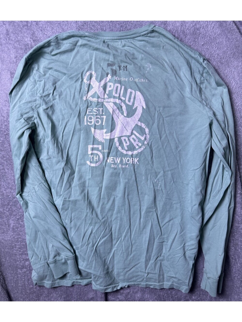 Polo Ralph Lauren L Long Sleeve T Shirt Nautical Anchor Graphic Faded Pocket Tee